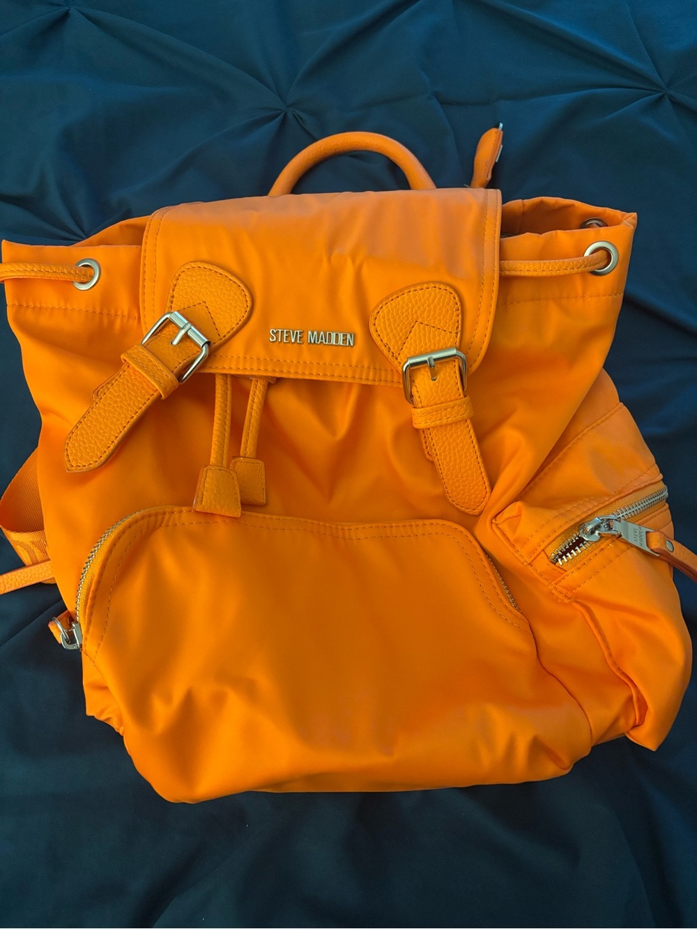 Steve Madden Bright Orange Nylon Drawstring Backpack with Buckle Flap